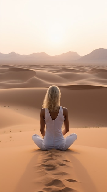 Free photo person practicing yoga meditation in the desert