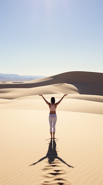 Person practicing yoga meditation in the desert