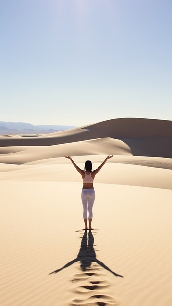 Person practicing yoga meditation in the desert