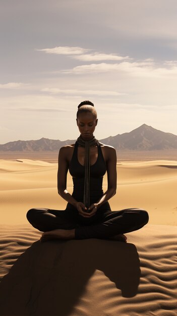 Person practicing yoga meditation in the desert