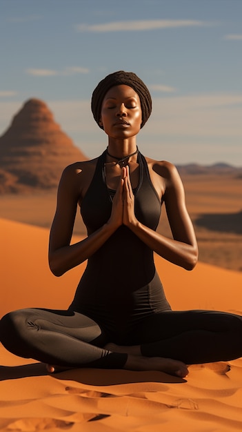 Person practicing yoga meditation in the desert
