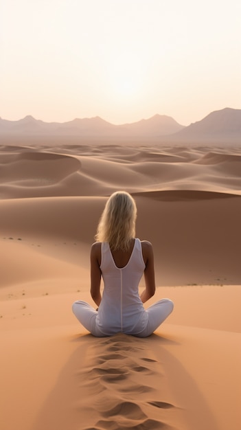 Бесплатное фото Человек, практикующий медитацию йоги в пустыне