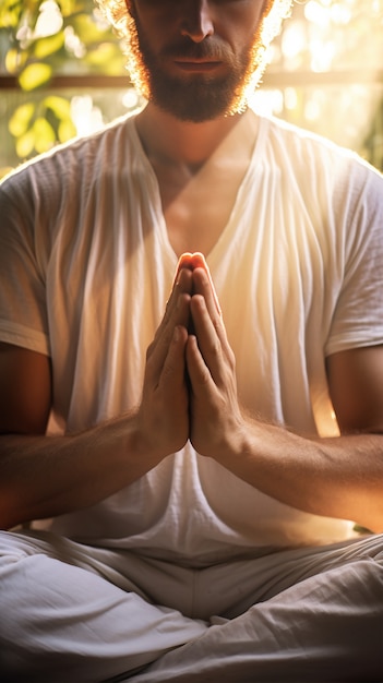 Бесплатное фото Человек, практикующий йогу-медитацию в помещении, сквозь который проникает солнечный свет