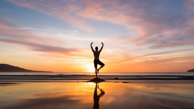 Person practicing yoga meditation in nature at sunset or sunrise