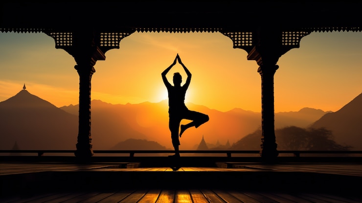 Person practicing yoga meditation in nature at sunset or sunrise