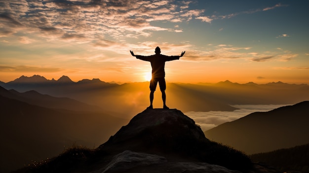 Person practicing yoga meditation in nature at sunset or sunrise