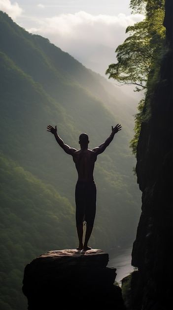 Бесплатное фото Человек, практикующий йогу-медитацию на открытом воздухе на природе