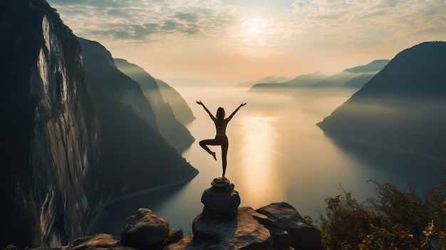 Бесплатное фото Человек, практикующий йогу-медитацию на открытом воздухе на природе
