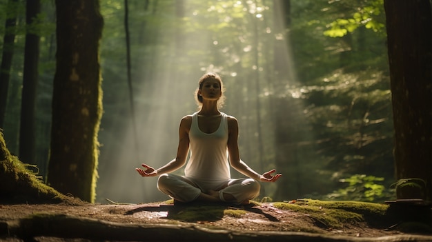 自然の中で屋外でヨガ瞑想を練習する人