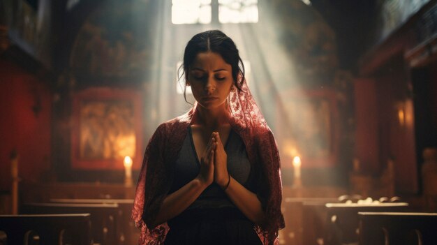 Person praying near cross symbol