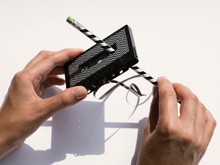 Free Photo person repairing black cassette tape with pencil