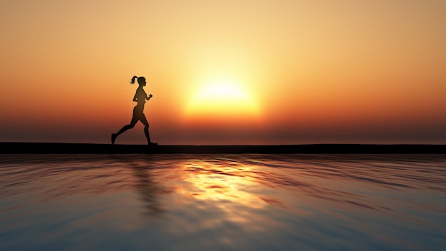 海に沈む夕日に対する女性のジョギングのレンダリング3D