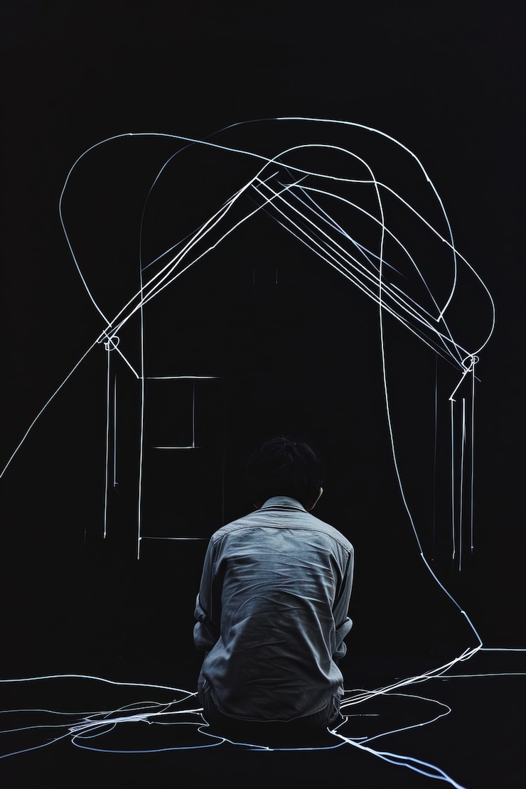 Free Photo person sitting in the dark with abstract linear house