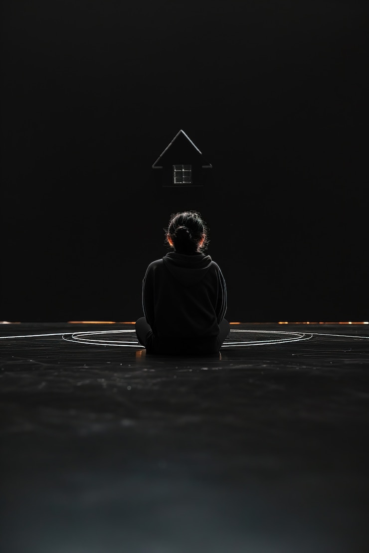 Free Photo person sitting in the dark with abstract linear house