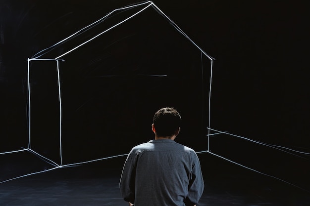 Бесплатное фото Человек, сидящий в темноте с абстрактным линейным домом