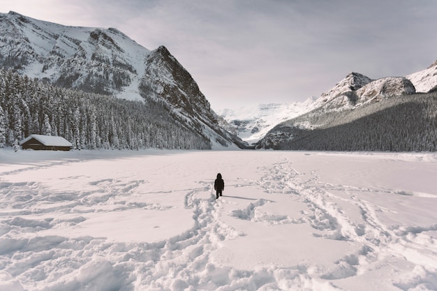 Person in snowy valley in mountains