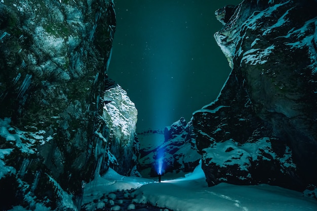 Person standing surrounded by snowy mountain