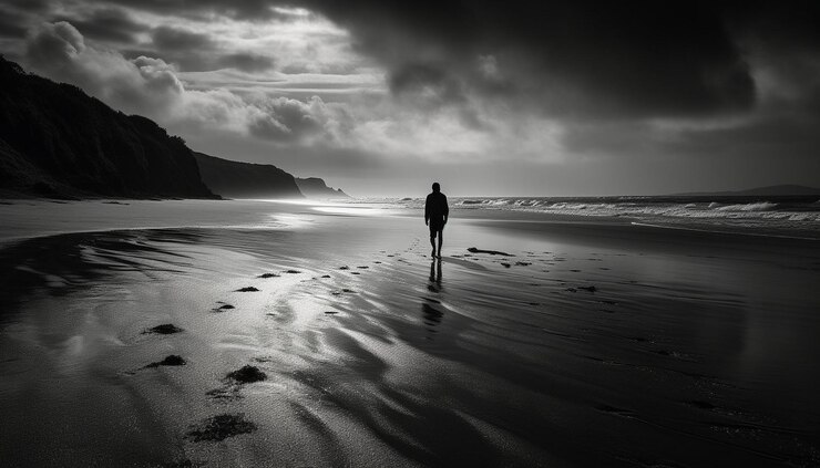 Free Photo a person stands on a beach in the dark.