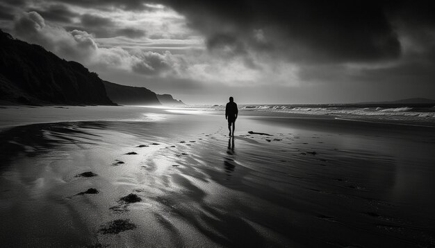 한 사람이 어둠 속에서 해변에 서 있습니다.