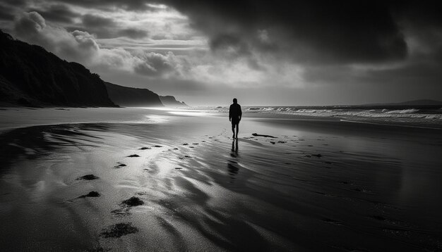 A person stands on a beach in the dark.