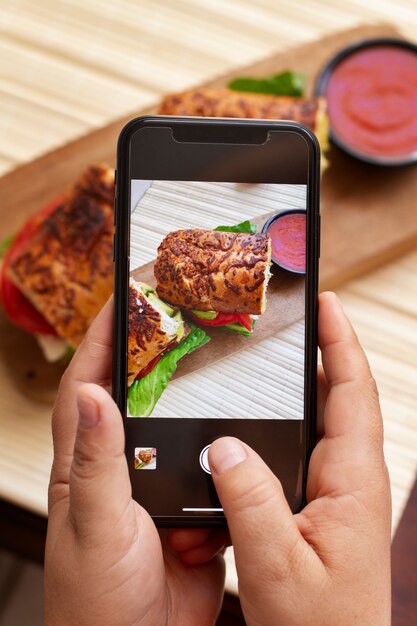 Человек, фотографирующий сэндвич и кетчуп со смартфоном