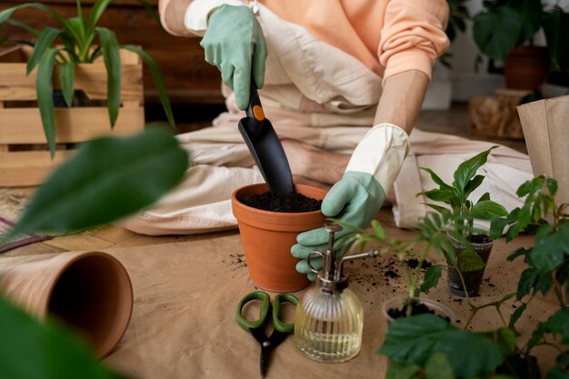 Person transplanting plants in new pots