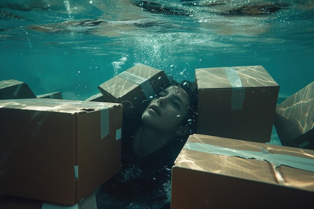 Person underwater with boxes