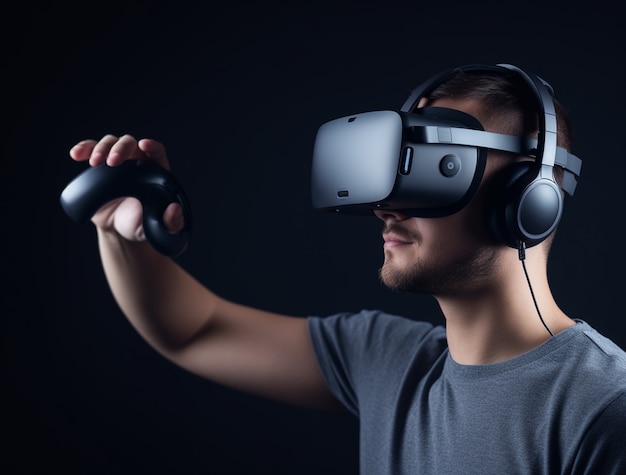Foto gratuita persona che usa cuffie di realtà virtuale futuristiche per i videogiochi