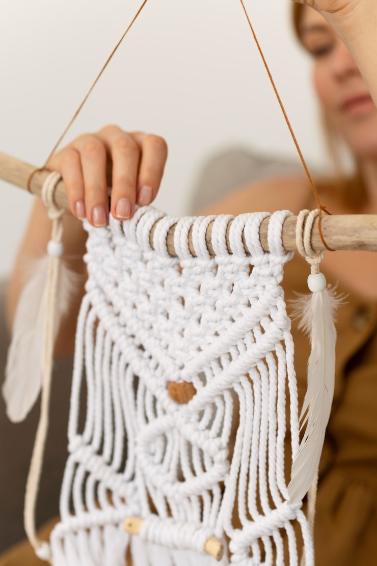 Free Photo person using the macrame technique at home