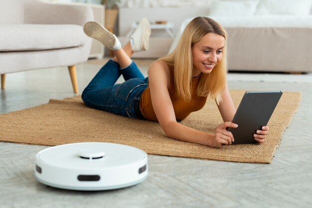 Person using vacuum cleaner at home