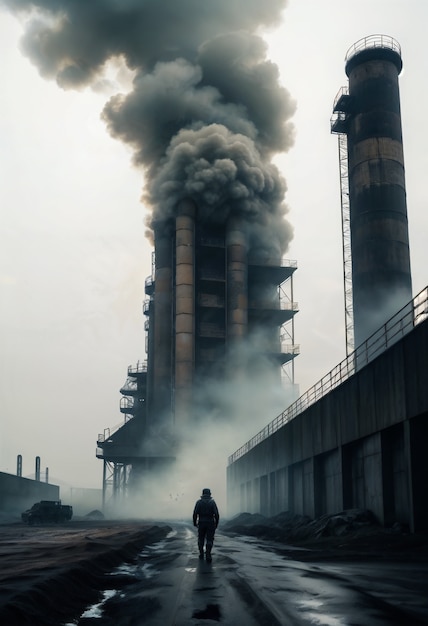 Free photo person walking on a factory area