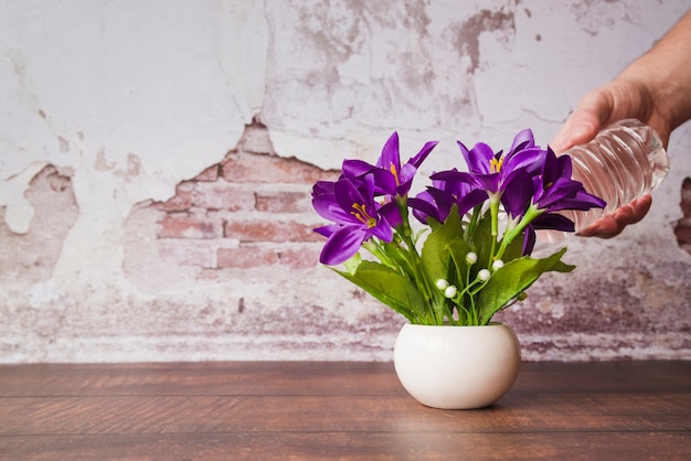 A person watering the flowers in the vase on wooden table against damaged wall