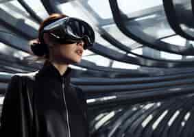 Free photo person wearing futuristic high tech virtual reality glasses