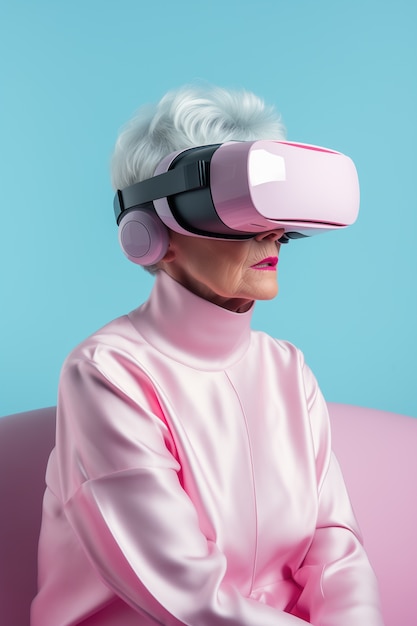 Foto gratuita persona che indossa occhiali di realtà virtuale di alta tecnologia futuristica