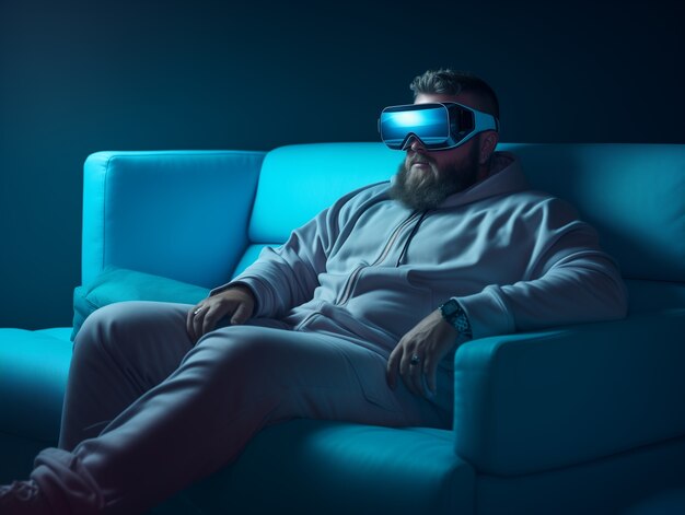 Foto gratuita persona che indossa occhiali di realtà virtuale di alta tecnologia futuristica