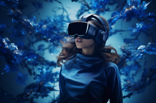 Person wearing futuristic high tech virtual reality glasses