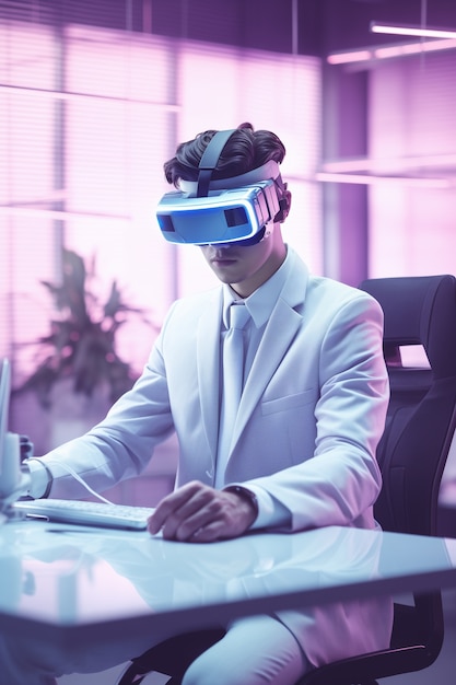 Persona che indossa occhiali di realtà virtuale di alta tecnologia futuristica