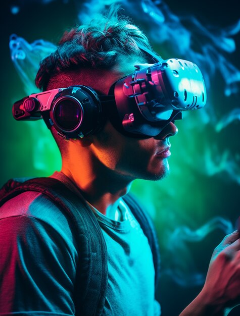 Person wearing futuristic virtual reality glasses for gaming