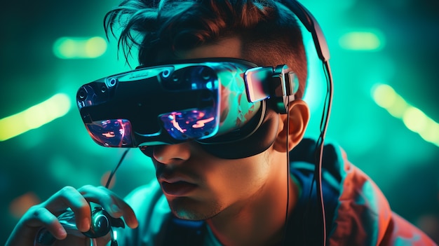 Person wearing futuristic virtual reality glasses for gaming