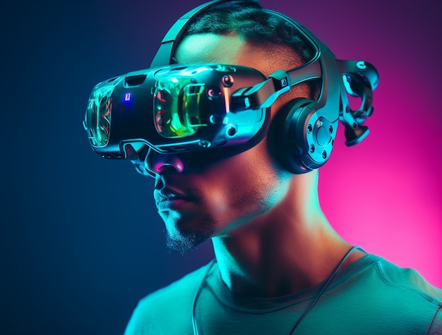 Person wearing futuristic virtual reality glasses for gaming