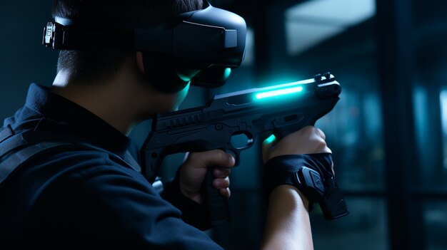 Person wearing futuristic virtual reality glasses for gaming