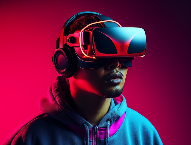 Person wearing futuristic virtual reality glasses for gaming