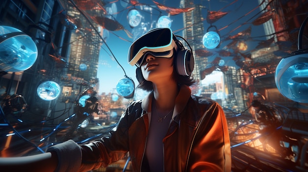 Free photo person wearing futuristic virtual reality glasses for gaming