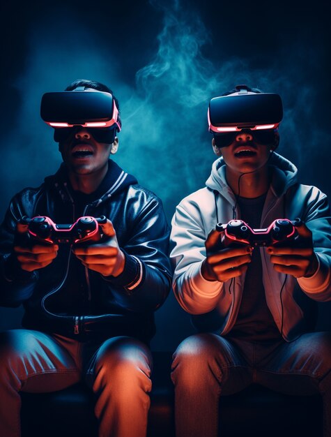 ゲームのために未来的な仮想現実メガネを着用している人