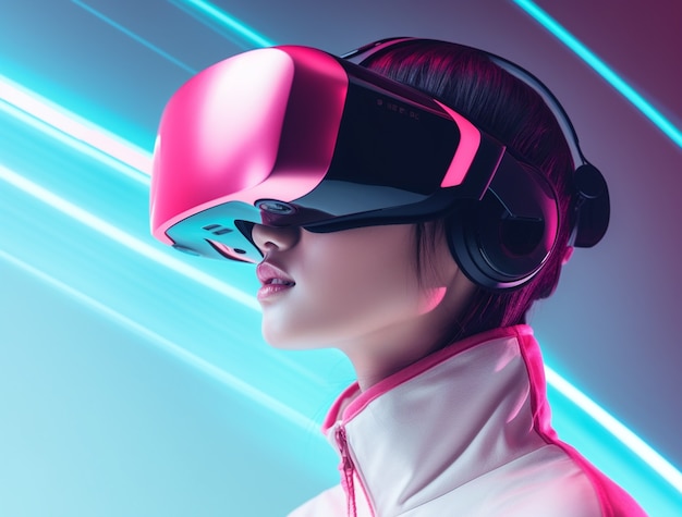 Free photo person wearing futuristic virtual reality glasses for gaming