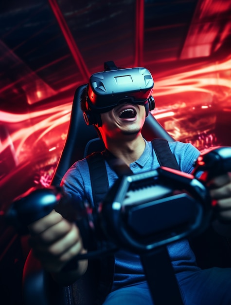 Foto gratuita persona che indossa occhiali di realtà virtuale futuristici per i giochi