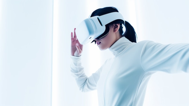 Free photo person wearing futuristic virtual reality glasses for gaming