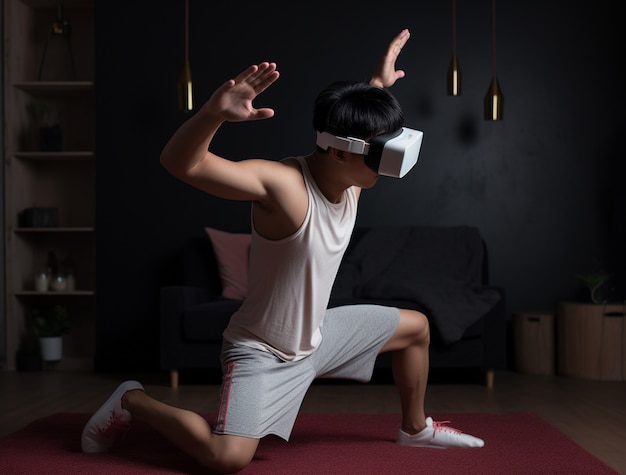 Free photo person wearing futuristic virtual reality glasses for gaming