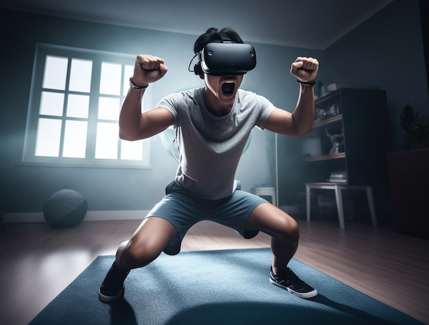 Free photo person wearing futuristic virtual reality glasses for gaming