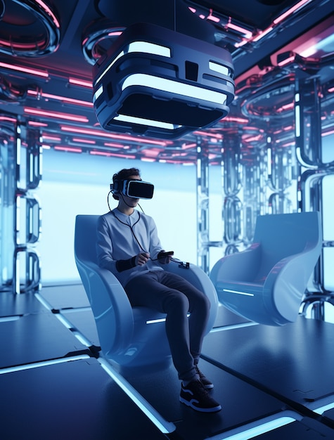 Free photo person wearing futuristic virtual reality glasses for gaming